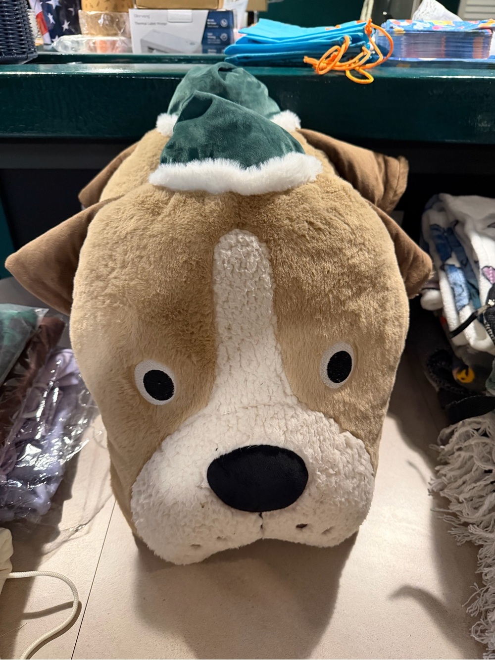 Plush Dog Pillow in Tan and White with Green Hat NWOT